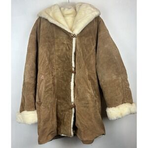Marvin Richards Suede Coat Womens Large Faux Fur Toggle Hood Tan Penny Lane Read